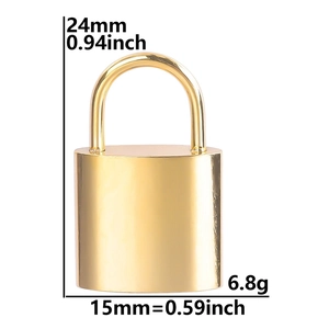Detailed dimensions of golden metal padlock pendant: 24mm height, 15mm width, 6.8g weight