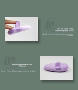 Detail showing 18mm thickness of purple plush makeup puff with satin finger ribbon