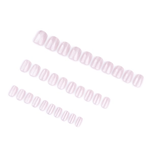 Short square press-on nails in shimmer nude pink cat eye style with 30 pieces set