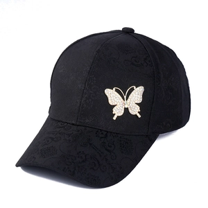 Black lace baseball cap with sparkling rhinestone butterfly ornament and jacquard pattern