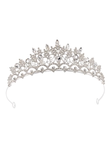 Macro detail of bridal crown with silver alloy frame and teardrop crystal rhinestones
