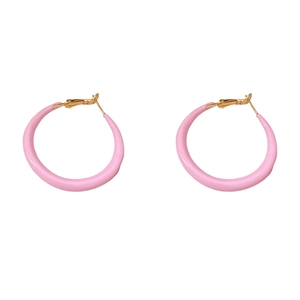 Pink enamel round hoop earrings with golden needles and minimalist C-shaped design