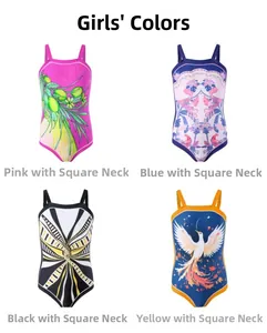 Detail of four colorful girls' one-piece swimsuits with mesh skirts and flat necklines
