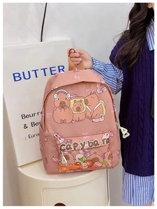 Pink cartoon toddler backpack with side water bottle pocket and cute zipper detail