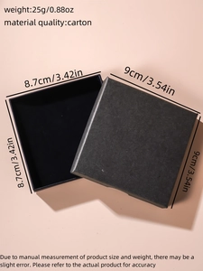 Top view of a square black cardboard jewelry gift box showing dimensions and open lid