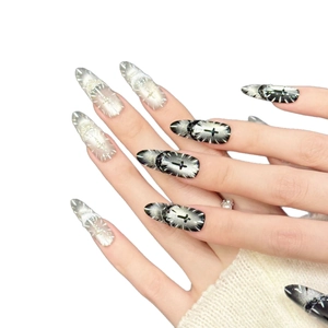 Gothic silver and black gradient stiletto press-on nails with cross and glitter accents