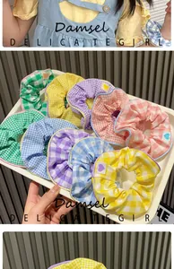 Set of nine Gingham plaid hair scrunchies in candy colors with cute heart labels