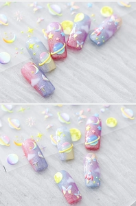Detailed macro view of 5D embossed nail art stickers featuring planets and butterflies