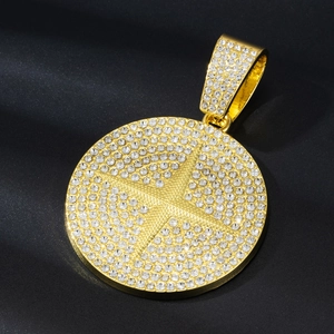 Iced out gold round starburst pendant with cross motif and crystal micro-paving