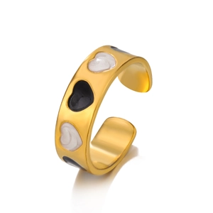 Adjustable gold plated stainless steel wide ring with black and white enamel hearts