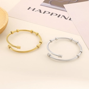 Cable Cuff Bracelet Stainless Steel Twisted Wire With Polished Round Beads Adjustable Trendy Fashion Jewelry For Women