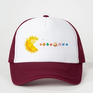 Classic burgundy trucker hat with solar system pac-man graphic and mesh back