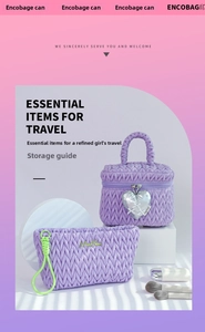Lavender quilted makeup bag set with heart charm and green handle on display stand