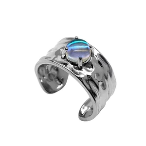 Irregular hammered S925 silver open ring with iridescent moonstone for women