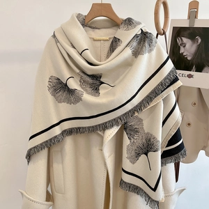 Women Winter Ginkgo Leaf Pattern Scarf Thick Warm Cashmere Like Tassel Shawl Double Sided Reversible Minimalist Wrap