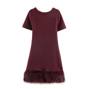 Elegant burgundy short sleeve wool dress with matching faux fur trim hem design