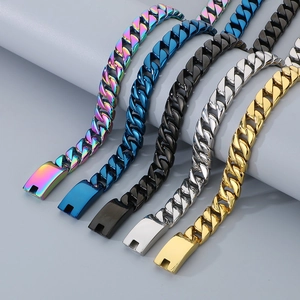 Mens hip hop 12mm stainless steel Cuban link necklaces in rainbow, blue, black, gold and silver