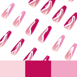 Long coffin fake nails set featuring bright pink gradient with white abstract line art