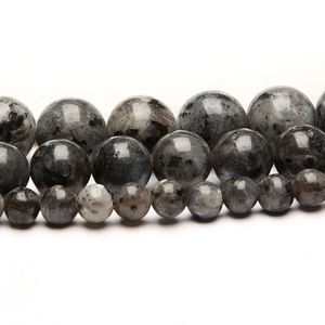 Natural Larvikite round stone beads in three sizes with dark grey speckled textures
