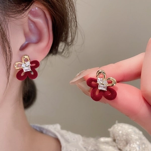 Elegant gold plated flower earrings with red velvet petals and a square zircon center