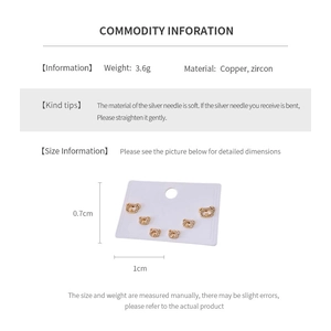 Detailed size specifications for gold bear stud earrings made of copper and zircon