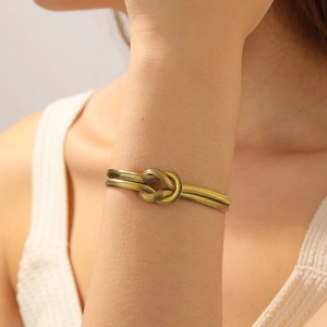 Stainless Steel Double Layer Snake Chain Bracelet 18K Gold Plated Knot Design Retro Hip Hop Jewelry For Women