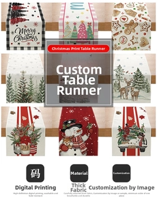 Detailed view of nine digital printed linen Christmas table runners with festive patterns