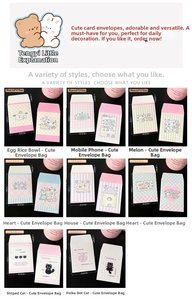 Detail view of 8 cute cartoon paper envelopes with cat and heart designs for photo storage