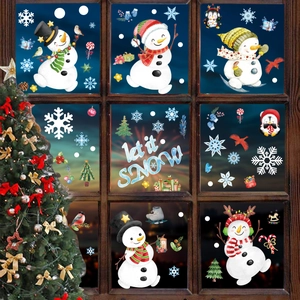 Watercolor Christmas window stickers with snowman, reindeer and let it snow decals