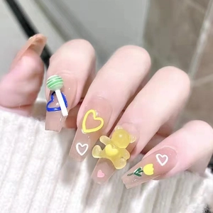Long Coffin Press On Nails 3D Résine Ours Sucette Doux Cœur Tulipe Fleur Ongles Artificiels Manucure Pour Femmes