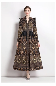 Detail of V-neck long sleeve maxi dress featuring vintage baroque print and pleated waist