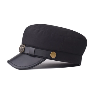Black cotton military cap with leather brim and vintage star emblem in profile view