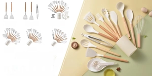 Detail of food-grade silicone kitchen utensil set with wooden handles in multiple colors