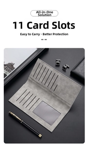 Detailed view of grey matte wallet featuring eleven card slots and a clear ID window