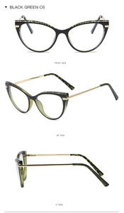 Detailed views of black and green cat-eye TR90 frames with metallic spring hinges