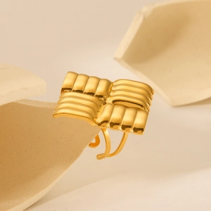 Women Stainless Steel Ring Gold Plated Textured Square Geometric Adjustable Open Statement Jewelry INS Style