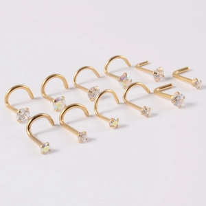 L-shaped stainless steel nose studs with colorful zircon stones in various shapes