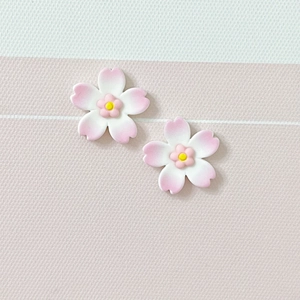 Close-up of pink and white resin cherry blossom charms with yellow centers for DIY crafts
