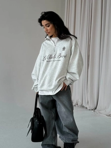 Light gray oversized half-zip sweatshirt with letter print and drop shoulder design