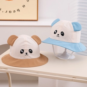 Cute panda baby sun hat with ears in beige, blue, and brown quick-dry fabric