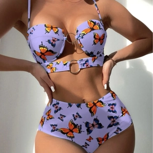 Maillot de bain deux pièces lilas à taille haute avec imprimé papillons colorés
