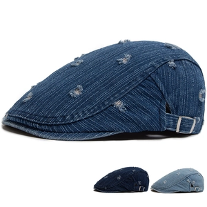 Vintage Distressed Denim Flat Cap Adjustable Cotton Ripped Ivy Cabbie Hat Casual Streetwear For Men Women