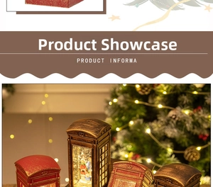 Detail of red and bronze Christmas telephone booth lanterns with snowman and snow inside