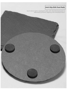 Macro view of natural black slate coaster with non-slip EVA foam pads on the bottom