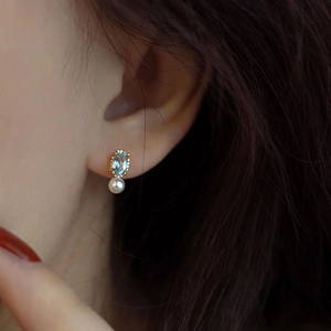 14K gold plated S925 silver stud earrings with light blue topaz and white pearl charm