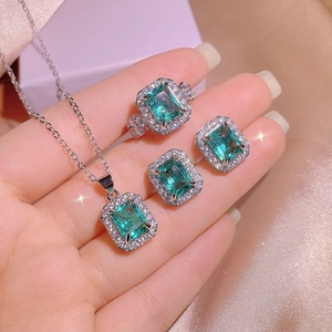 Princess cut emerald green zircon necklace earrings and ring jewelry set for women