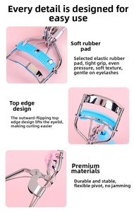 Close-up of portable stainless steel eyelash curler with flexible silicone pads