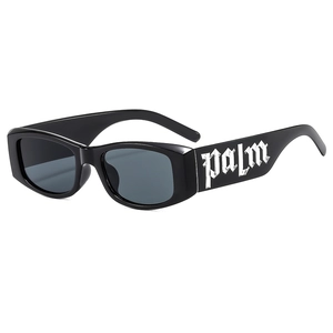 Kids trendy black rectangular sunglasses with bold white palm print on temples