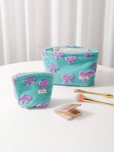 Blue plush makeup bag set with purple bows, large capacity cosmetic organizers