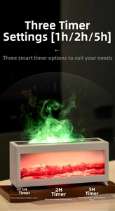 Close-up of fireplace humidifier showing 1h/2h/5h timer and green flame mist effect